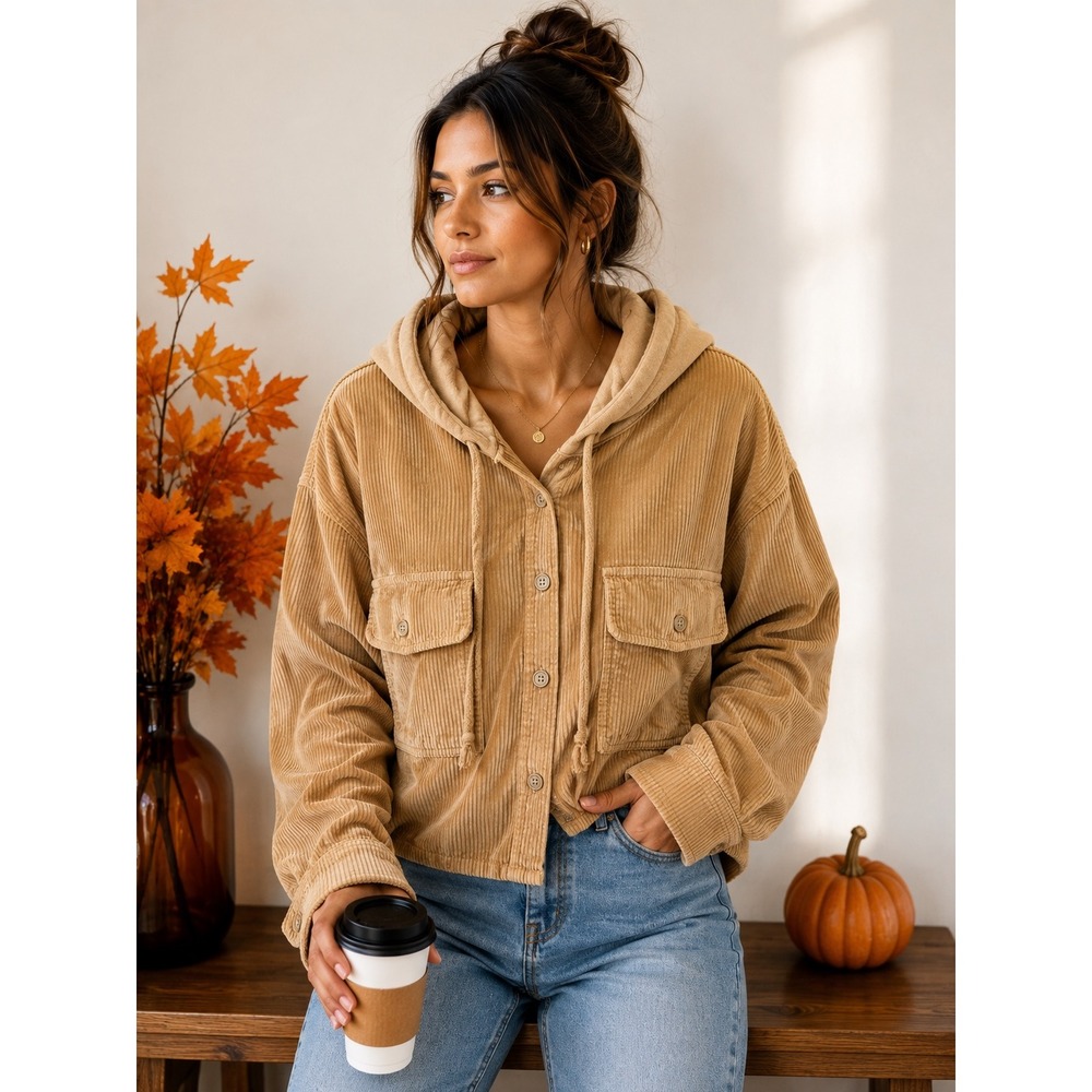 American Eagle Corduroy Hooded Shacket Tan Camel Cropped Button Front Jacket L